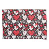 Rode, zwarte en witte harten en bloemen kussensloop (Voorkant-Links)