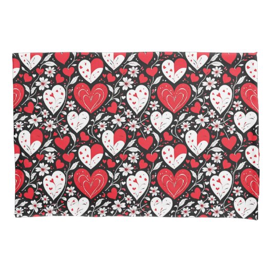 Rode, zwarte en witte harten en bloemen kussensloop (Voorkant-Links)
