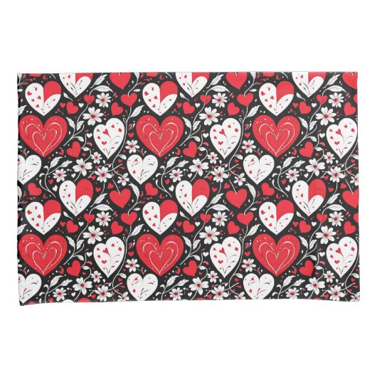 Rode, zwarte en witte harten en bloemen kussensloop (Voorkant-Rechts)