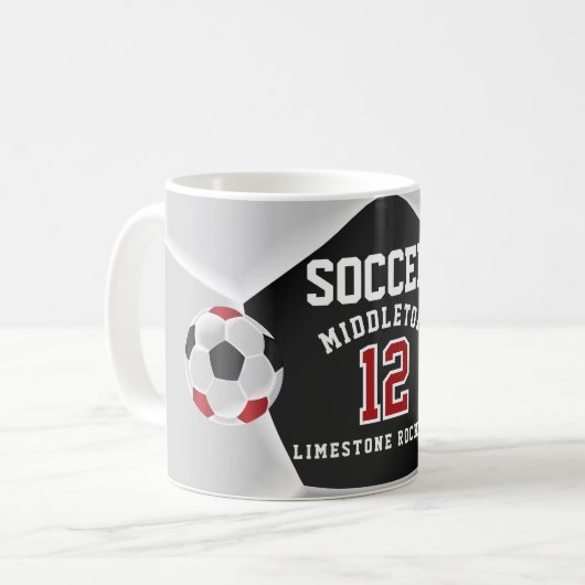 Rode, zwarte en witte ⚽ koffiemok (Voorkant links)