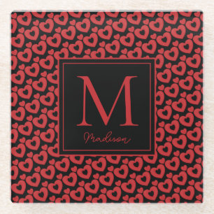 Rode & Zwarte Harten Gepersonaliseerde Monogram Glazen Onderzetter
