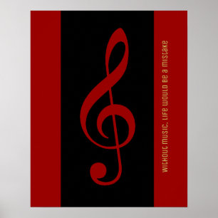 rode zwarte muzieknot (treble clef) poster