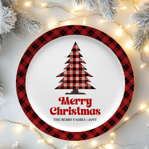 Rode Zwarte Plaid Boom Kerst Papieren Borden Bordje