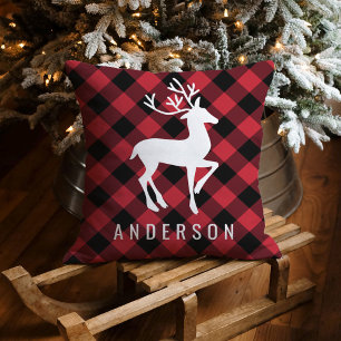 Rode Zwarte Plaid Hert Kerst Monogram Kussen