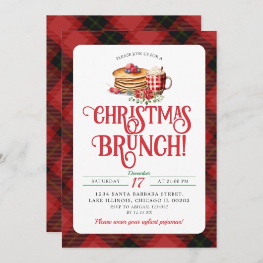 Rode Zwarte Plaid Pannenkoek Hot Cocoa Kerstbrunch Kaart (Voorkant / Achterkant)