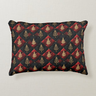 Rode Zwarte Quilt Vierkanten Gouden Kerstbomen Accent Kussen