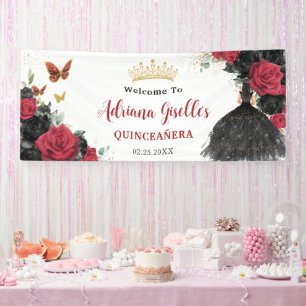 Rode Zwarte Rozen Bloemenvlinders Quinceañera 15 Spandoek