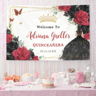 Rode Zwarte Rozen Bloemenvlinders Quinceañera XV Spandoek