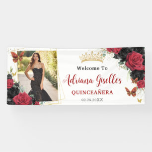 Rode zwarte Rozen Floral Quinceañera Sweet 16 Foto Spandoek