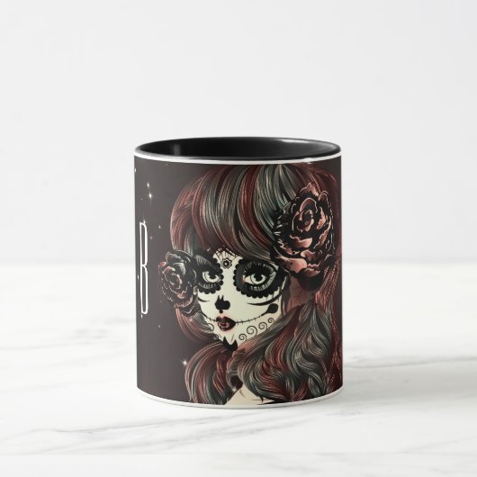 Rode zwarte Rozen Sugar Skull Girl gepersonaliseer Mok (Midden)