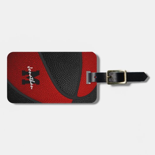 rode zwarte teamkleuren monogrammen basketbal bagagelabel (Voorkant horizontaal)