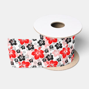 Rode Zwarte Tropische Hibiscus Bloemendruk Lint