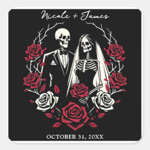 Rode & Zwarte Witte Rozen Skelet Koppel Bruiloft Vierkante Sticker