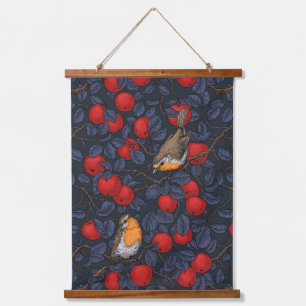 Rodeborstjes in de appelboom/blauw en rood  hangend wandkleed