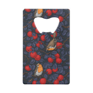 Rodeborstjes in de appelboom/blauw en rood kredietkaart flessenopener