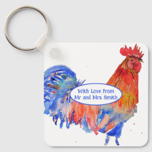 Rodehaan Kip Blauw Aquarel Bruiloft Sleutelhanger