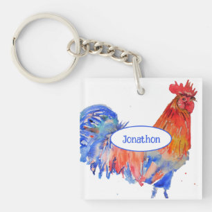 Rodehaan Kip Blauwe Aquarel Schildering Sleutelhanger