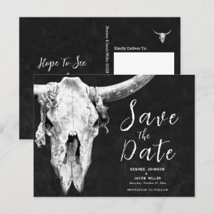 Rodeo Black and White Bull Skull Sla de datum op Uitnodiging Briefkaart