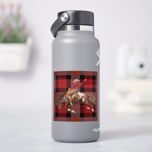 Rodeo Bronco pakt cowboy op plaid Sticker (HydroFlask)