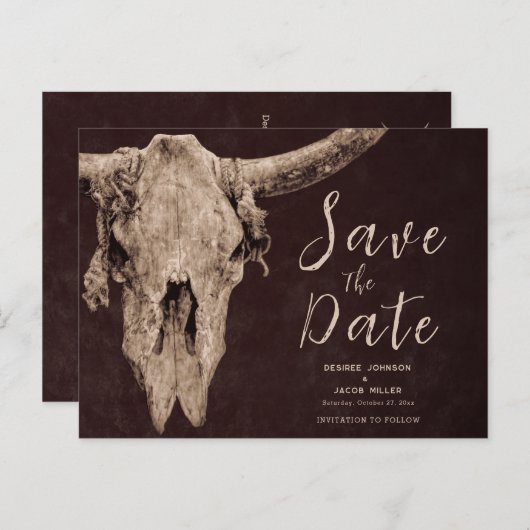 Rodeo Brown Bull Skull Save The Date Uitnodiging Briefkaart (Voorkant / Achterkant)