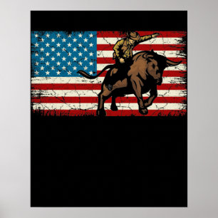Rodeo Bull Rider Patriottic American Flag Cowboys Poster
