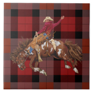 Rodeo Cowboy Bronco busting op plaid Tegeltje