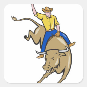 Rodeo Cowboy Bull Riding Cartoon Vierkante Sticker