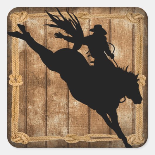 Rodeo Cowboy Horse Bronco Silhouette Vierkante Sticker (Voorkant)
