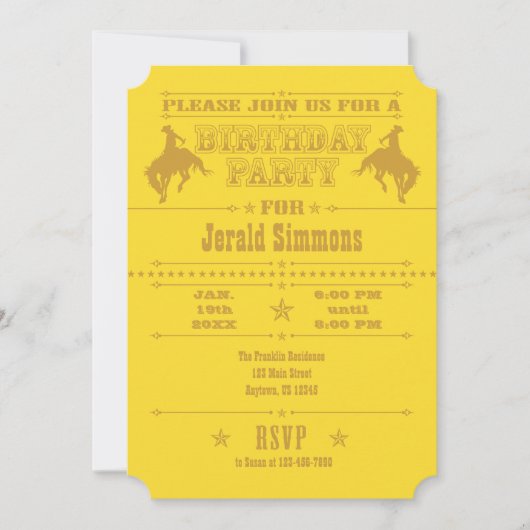 Rodéo de cow-boy jaune Invitation de fête d'annive (Devant)