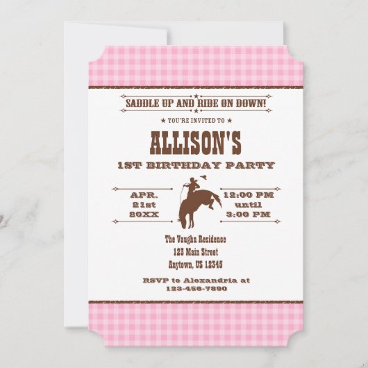 Rodéo de cow-boy rose Plaid Invitation d'anniversa (Devant)