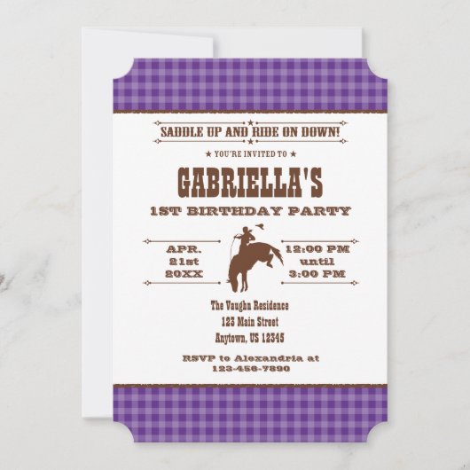 Rodéo de cow-boy violet Plaid Invitation d'anniver (Devant)