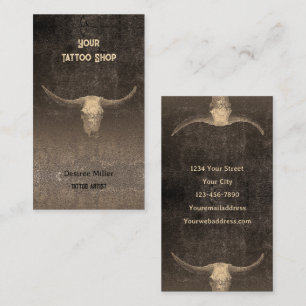 Rodeo Rustic Brown Texture Tattoo Shop Bull Skull Visitekaartje