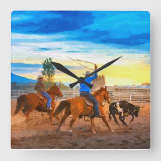 Rodeo Team Roping Sunset Corral Rustic Western Vierkante Klok