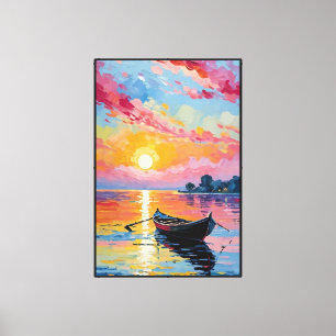 Roeiboot bij zonsondergang op rustig water – Abstr Canvas Afdruk