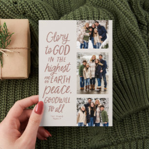 Roem aan God drie foto roze religieus Kerstmis Feestdagenkaart