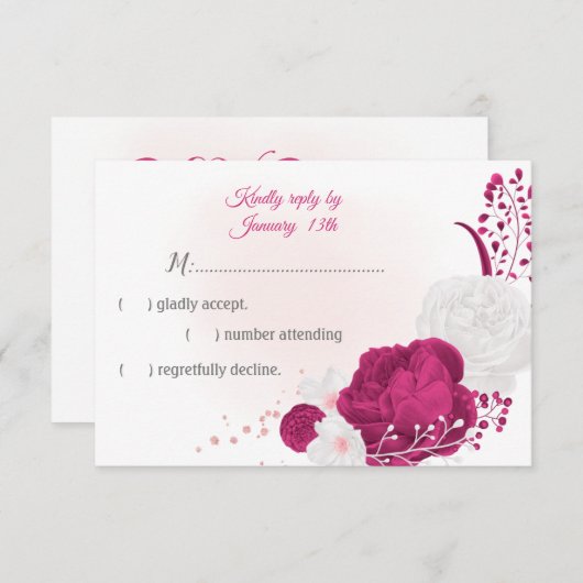 roemeense fuchsia en witte bloemen botanisch RSVP kaartje (Voorkant / Achterkant)
