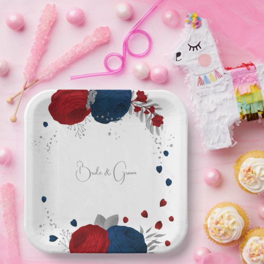 roemeense rode en marinesbloemen zilver botanisch papieren bordje (Feest)