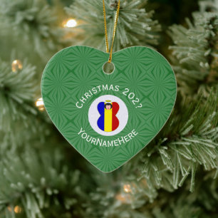 Roemeense Vlag Kerstengel Naam Jaar Hart Keramisch Ornament