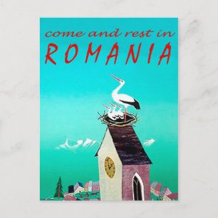 Roemenië, Ooievaarsnest op dorpswachttoren, vintag Briefkaart