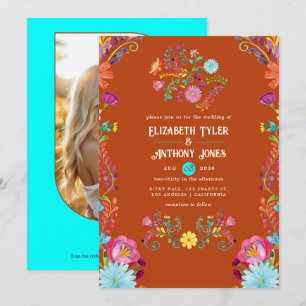 Roest & Aqua Bloemige Mexicaanse Fiesta Bruiloft Kaart