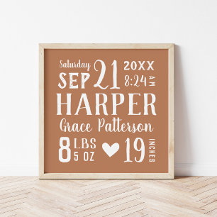 Roest Baby Meisje Geboortestatistieken Keepsake Poster