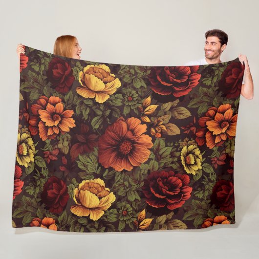 Roest kleur bloemenprint fleece deken (In situ)
