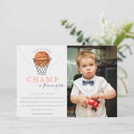 Roest Onze Kleine Kampioen Basketbal Foto Verjaard Bedankkaart (Staand voorkant)