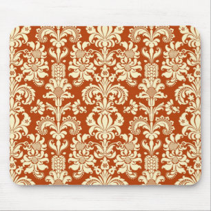 Roest-Rood & Beige Bloemen Damast Patroon Muismat