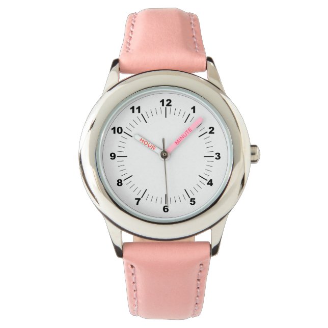 Roestvrij stalen roze lederen riem van kind horloge (Voorkant)