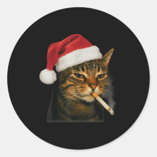 Rokende Kat Sigaret Kerstmis Kerstman Hoed Kat Mem Ronde Sticker