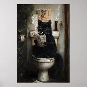 Rokende Zwarte Kat Leest Krant Op Toilet Poster