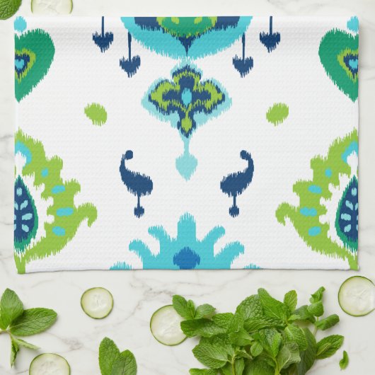 Rol felblauwe en groene stammenikafdruk theedoek (Gevouwen)