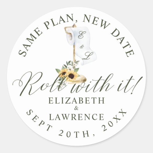 Rol met het Geel Bloemen & Wc-papier Wit Ronde Sticker (Voorkant)