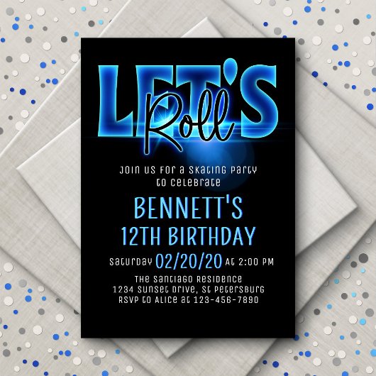 Roll Blue Neon Patinage Anniversaire Invitation